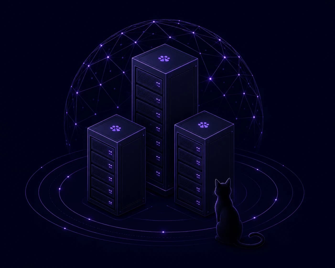 Кот смотрит на три сервера Meowlink под куполом защищённой сети